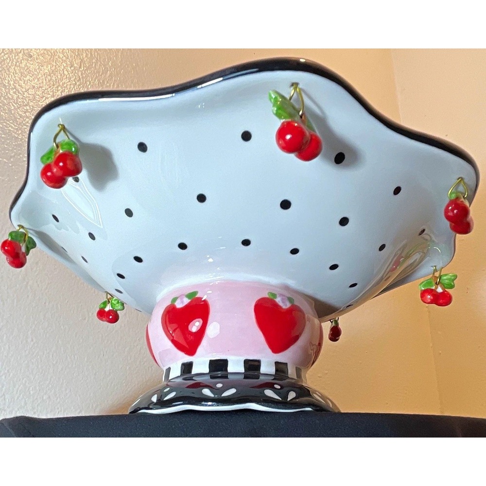 Mary Engelbreit Candy Bowl Sweet Heart Pedestal Polka Dot Cherries Ceramic